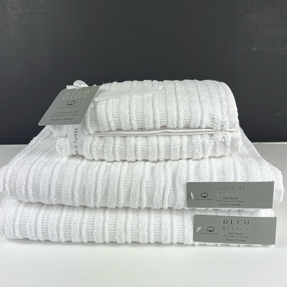Deco Bianca Turkish Bath Towel Set White Textured Ultrasoft - 4 Piece Set NEW - Picture 1 of 6